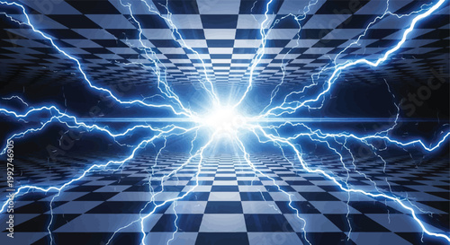 Electric blue lightning bolts on a checkered background with a bright white center
