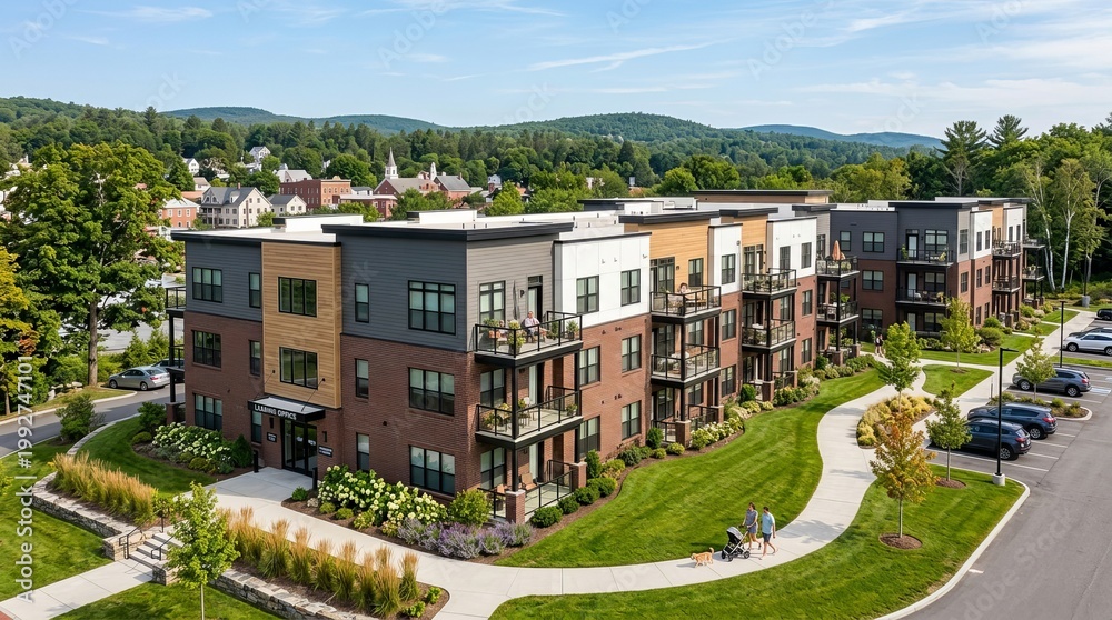 Fototapeta premium Contemporary apartment complex with private balconies and manicured green lawns.