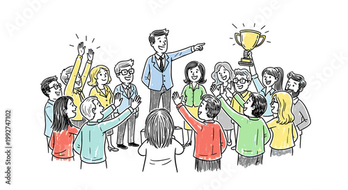 Cheerful office team celebrates success, a leader points towards a golden trophy held high, symbolizing achievement and teamwork, with vibrant colors and expressive gestures in a