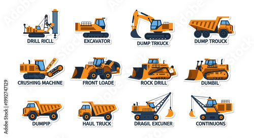 Collection of construction vehicles, featuring a variety of heavy machinery rendered in a flat, vector illustration style with a vibrant orange and blue color palette, ideal for