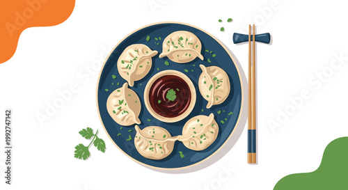Delicious plate of steamed dumplings served with a side of dark dipping sauce and traditional wooden chopsticks on a white background.