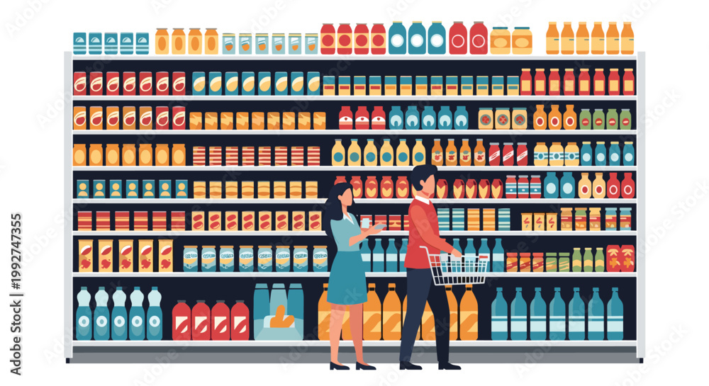 Fototapeta premium High shelves in a modern supermarket aisles completely stocked with a diverse range of colorful food and beverage products in jars and bottles.
