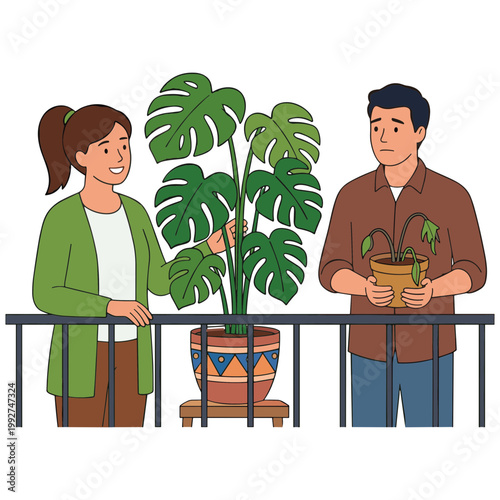 Couple on balcony with plants discussing gardening happily outdoors