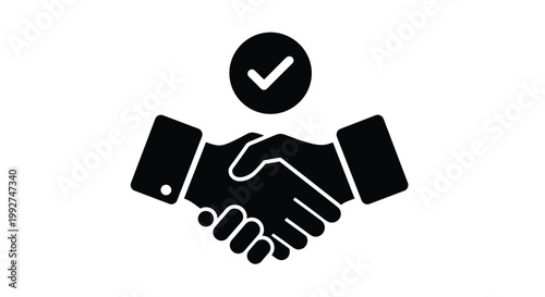 Stylized black and white icon of two hands shaking with a checkmark symbol representing a successful deal or agreement between parties.