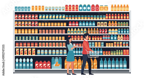 High shelves in a modern supermarket aisles completely stocked with a diverse range of colorful food and beverage products in jars and bottles.