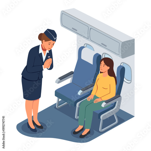 Flight attendant helps passenger on plane seat in cabin interior