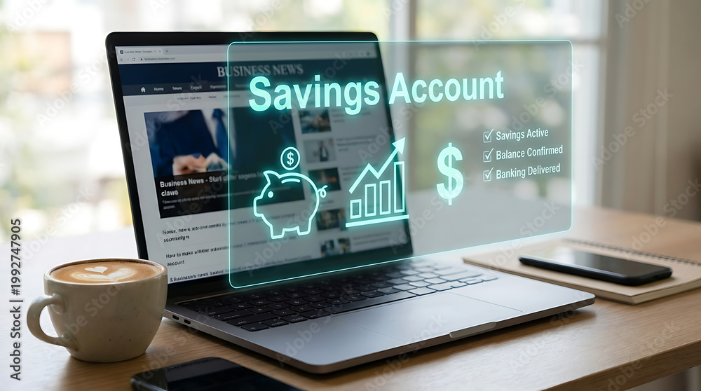 Fototapeta premium Laptop with savings account graphics on screen beside a coffee cup on a wooden desk in a bright room