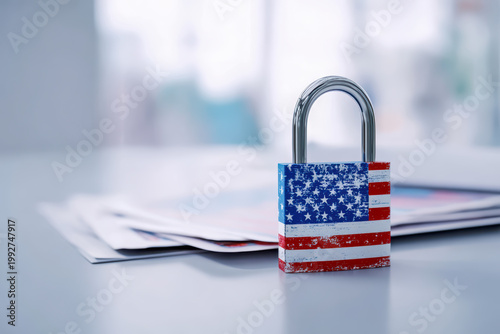 American Flag Padlock on Desk with Documents, US Security Concept