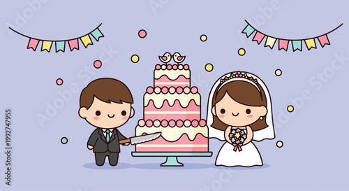Animated bride and groom with tiered wedding cake celebration.
