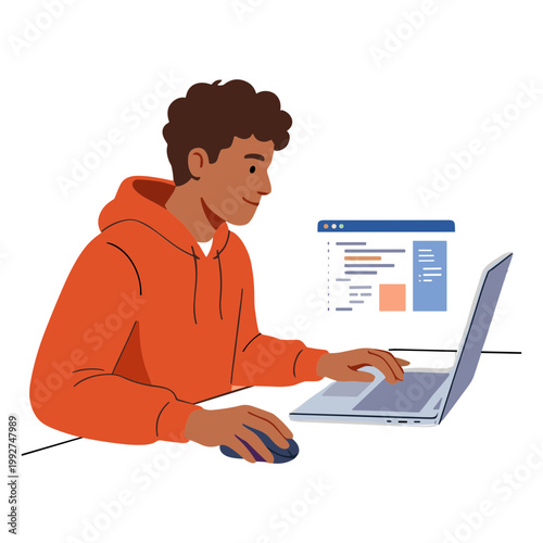 A man in an orange hoodie works on a laptop with a mouse.