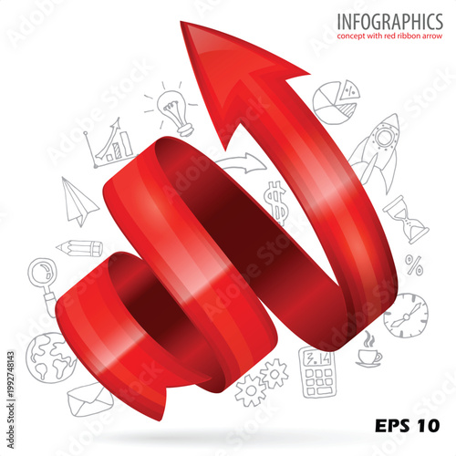 3D Red Ribbon Spiral Arrow Infographic. Professional Vector Template for Business Growth, Success Momentum, and Creative Startup Innovation with Hand-Drawn Doodles.