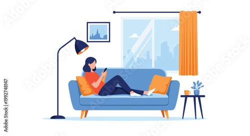 Young woman relaxing on a comfortable blue sofa at home while using her smartphone for social media or online shopping in a cozy living room.