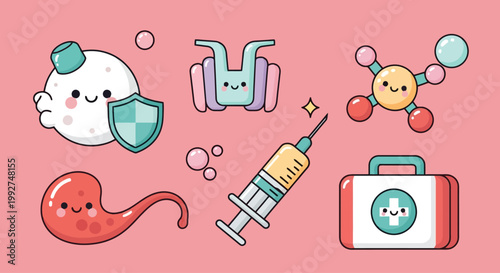 Cartoon Pediatric Medical Care Icons Set for Babies.