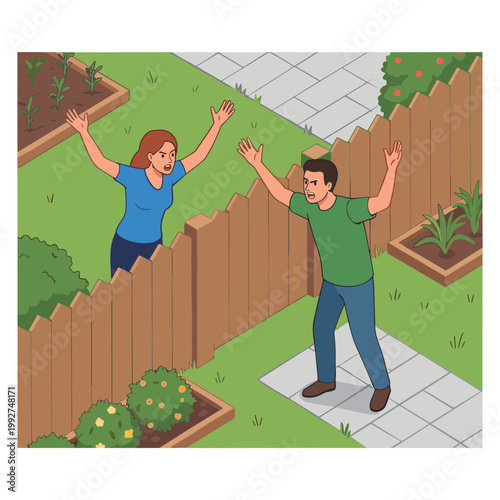 Couple greeting each other over a garden fence in suburban neighborhood