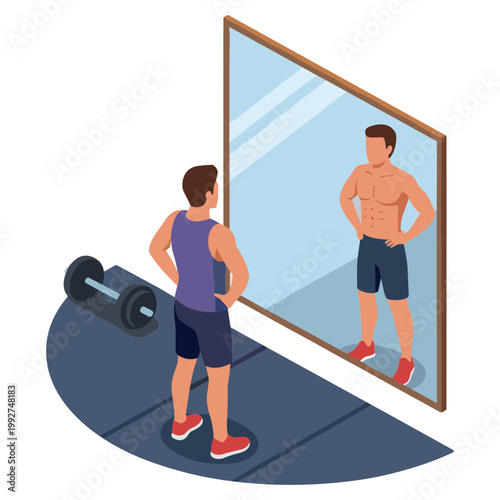 Man looks at muscular reflection in mirror with dumbbell on gym floor