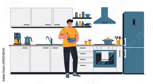 Young man preparing a healthy meal in a modern, well-equipped white kitchen featuring various appliances and sleek cabinetry.
