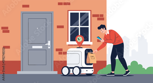Delivery robot bringing a package to a customer at their doorstep in a residential area highlighting the advancement of automated logistics services.