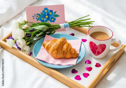 A romantic breakfast tray with a croissant, coffee, flowers, and a card on a white background