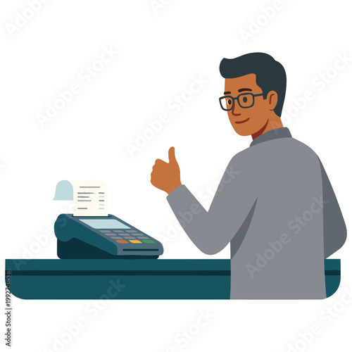 Man giving thumbs up at a payment terminal in a store