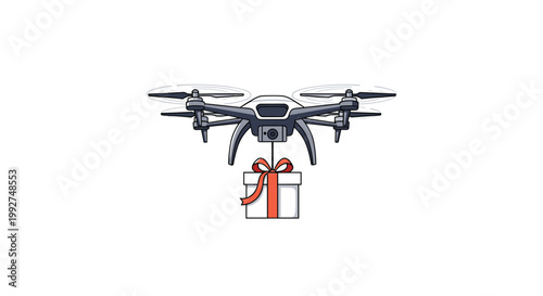 High-tech delivery drone carrying a gift box with a red ribbon isolated on a white background representing modern aerial courier services.