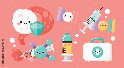 Cute kawaii medical icons featuring baby nurse doctor syringes and stethoscope.