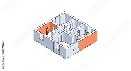Isometric view of a house floor plan showing different rooms and people standing in a modern residential layout design project.