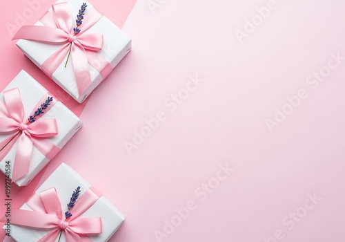 Three white gifts with pink ribbons and lavender on pink background for special occasions