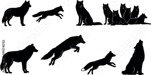 Wolf silhouette collection with different poses howling running jumping pack composition isolated wildlife vector illustration set