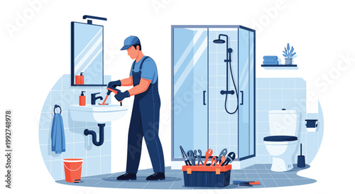 Professional plumber in uniform repairing a bathroom sink with his toolbox and equipment nearby in a modern, clean bathroom setting.