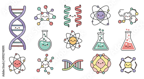 Science Icon Set Featuring DNA Molecules And Lab Glassware.