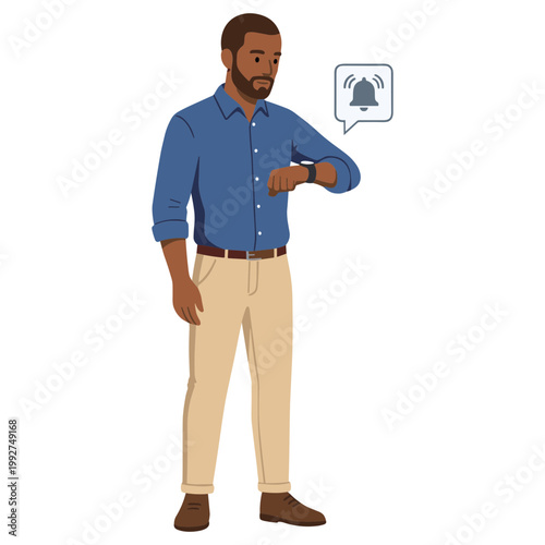 Man checks smartwatch with notification icon appearing