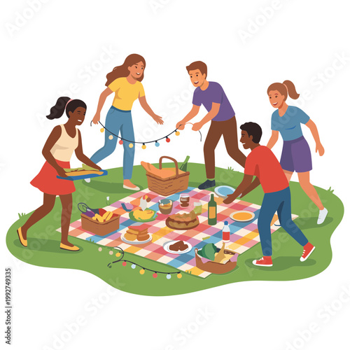 Friends gather outdoors for a lively picnic on the grass