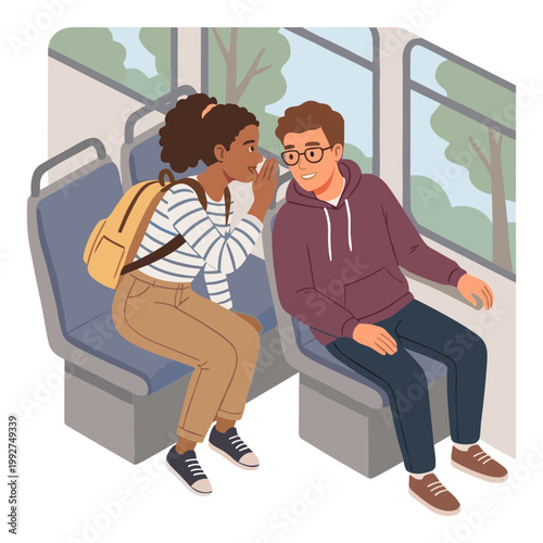 Two young friends chatting on a public transportation vehicle interior