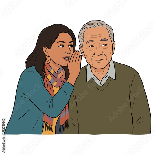 Woman whispers secret to surprised senior man in sweater