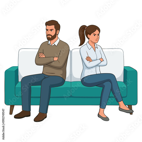Couple sitting on sofa with crossed arms showing disagreement and sadness