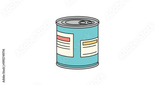 Sealed metal can with a turquoise label and colorful nutritional information tags commonly used for preserved food or soup storage.