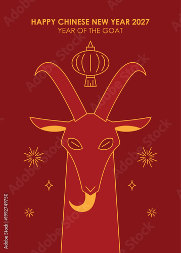 Minimalist chinese zodiac goat poster with goat portrait in line art style and hanging lantern decoration. Year of the Goat 2027 simple vertical greetings card template.