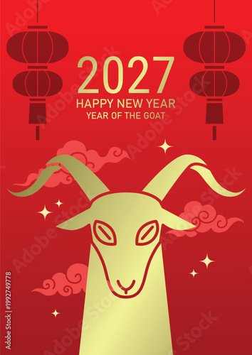 Minimalist zodiac goat shape with hanging lanterns decorations. Year of the Goat 2027 gold and red poster template design with zodiac goat head silhouette from the front.