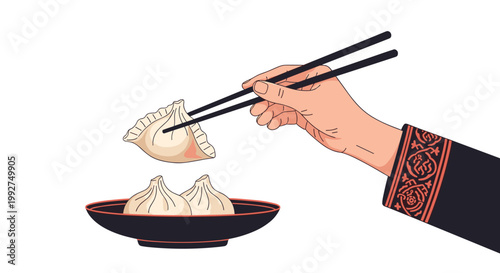 Human hand holding a single steamed dumpling with black chopsticks over a dark bowl of food against a clean white background.