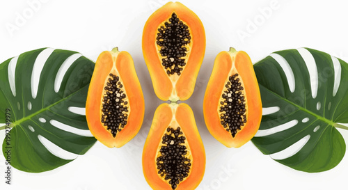 Symmetrically arranged papaya halves with black seeds and green monstera leaves on a white background, tropical fruit composition.