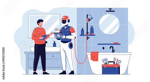 Professional human technician and a service robot discussing repair work in a modern bathroom near a bathtub and a sink.
