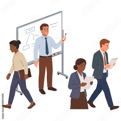 Business people interact with a presentation on a whiteboard in a meeting room