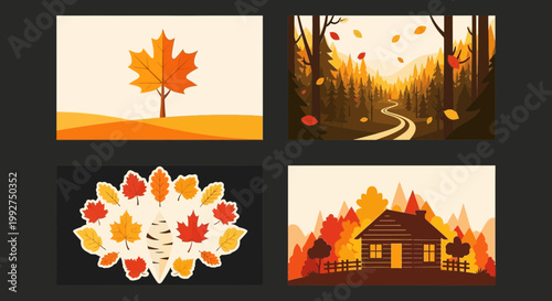 Flat design vector illustration of autumn foliage and cozy cabin scene with warm sunlight in a vibrant forest environment for lifestyle marketing