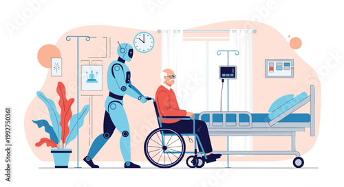 Medical service robot assisting an elderly man in a wheelchair within a hospital room equipped with a bed and monitors.
