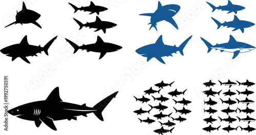 Shark silhouette and group collection with different species swimming marine predator animals isolated vector illustration set