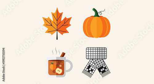 Flat design vector illustration of autumn harvest symbols including leaves pumpkins and hot drink for seasonal lifestyle marketing concept
