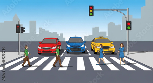 People and cars at a city crosswalk with traffic lights.
