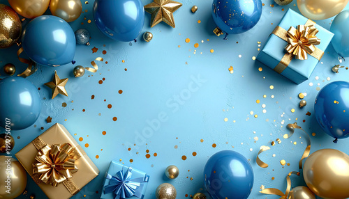 A festive flat lay composition with blue and gold balloons, gift boxes, and confetti on a light blue background.