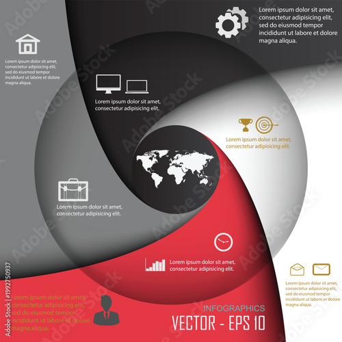 Global Success Spiral Infographic. Professional Dark Mode Vector Template with Central World Map, 4-Stage Aperture Design, and Corporate Achievement Icons.