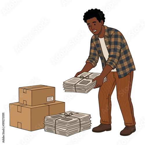 Man delivering papers in stacks to a location with boxes
